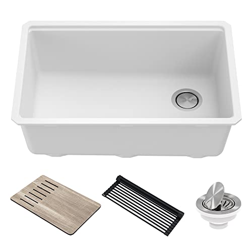 KRAUS Bellucci 30” in. Undermount Workstation Granite Kitchen Sink in White with Accessories, KGUW1-30WH