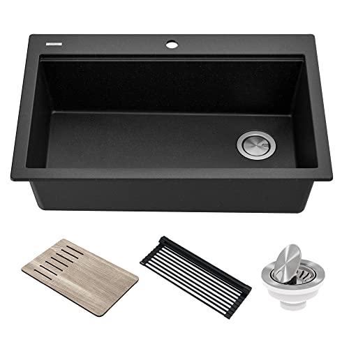 KRAUS Bellucci Workstation 33 in. Drop In Single Bowl Granite Kitchen Sink in Metallic Black with Accessories, KGTW2-33MBL