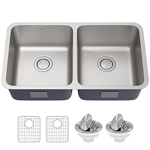 KRAUS Dex 33-inch Undermount 16 Gauge Stainless Steel Double Bowl Kitchen Sink, KA1UD33B