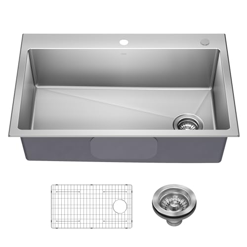 KRAUS Fairlane 33-inch Drop In/Top Mount Single Bowl 18-Gauge Stainless Steel Kitchen Sink, KHT640-33