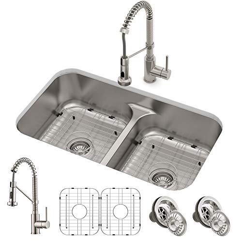 KRAUS KCA-1200 Ellis Kitchen Combo Set with 33-inch 16 Gauge Undermount Kitchen Sink and Bolden 18-inch Pull-Down Commercial Style Kitchen Faucet, Spot Free Stainless Steel Finish