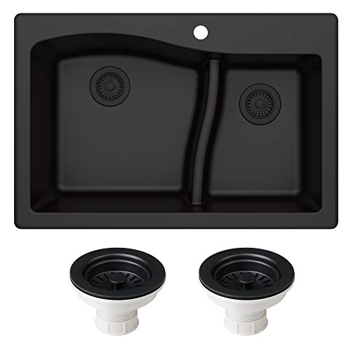 KRAUS KGD-442 Quarza 33-inch 33” Dual Mount 60/40 Double Bowl Granite Kitchen Sink in Black