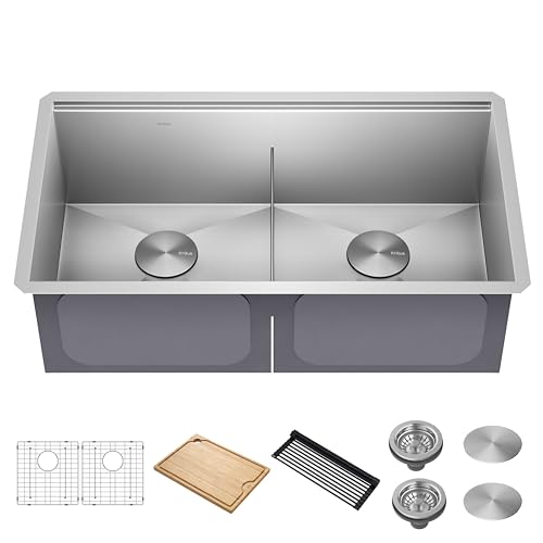 KRAUS Kore 33-Inch Undermount Workstation 16 Gauge Double Bowl Stainless Steel Kitchen Sink with Accessories, KWU112-33