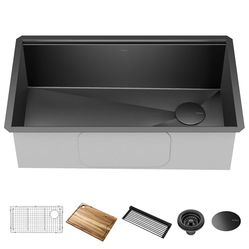 KRAUS Kore Workstation 32-inch Undermount 16 Gauge Black Stainless Steel Single Bowl Kitchen Sink in PVD Gunmetal Finish with Accessories, KWU110-32/PGM