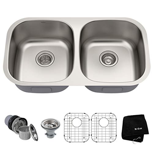 KRAUS Premier 32-inch 16 Gauge Undermount 50/50 Double Bowl Stainless Steel Kitchen Sink, KBU22