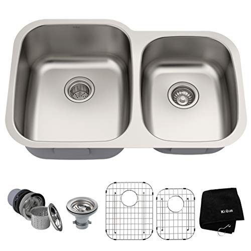 KRAUS Premier 32-inch 16 Gauge Undermount 60/40 Double Bowl Stainless Steel Kitchen Sink, KBU24