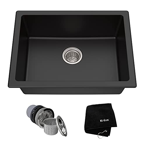 KRAUS Quarza 24-inch Drop-In/Undermount Single Bowl Granite Kitchen Sink in Black Onyx, KGD-410B