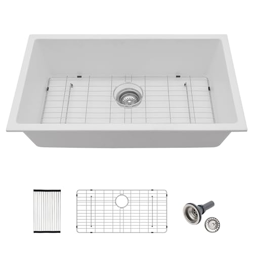 Lofeyo 33 Inch White Granite Composite Quartz Undermount Single Bowl Kitchen Sink Under Counter Contemporary Kitchen Deep Sink Basin 33"x19"