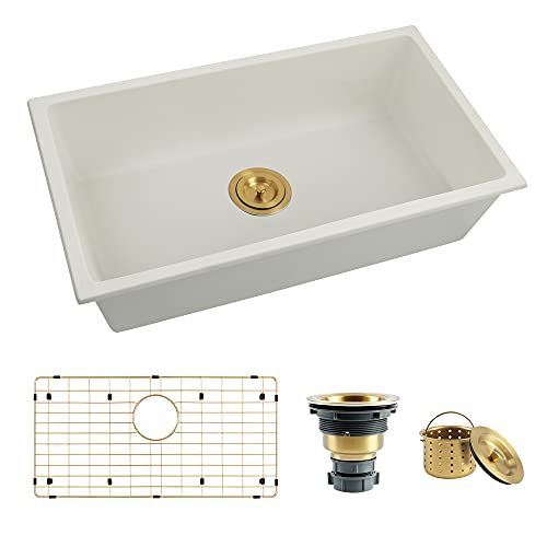 Lonsince White Kitchen Sink 31 X 18 inch,Single Bowl Undermount Sink,White Granite Sink with Gold Sink Grid and Gold Sink Strainer