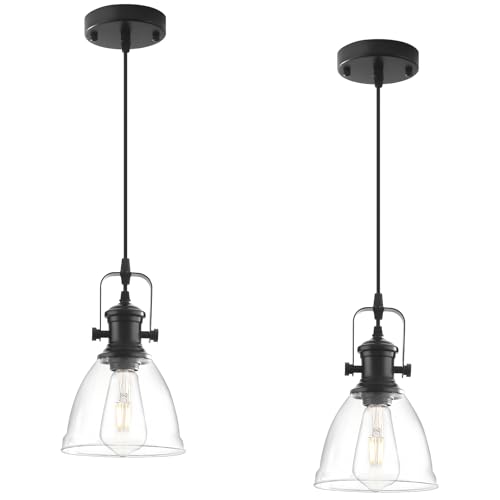 LWWHQ Black Pendant Lights Kitchen Island 2 Pack, Farmhouse Pendant Light, Industrial Clear Glass Pendant Light, 6.5 inches Kitchen Pendant Lighting Over Island Sink Dining Room