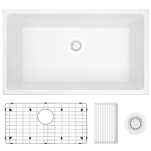 MILOSEN White Undermount Kitchen Sink, 31 Inch White Kitchen Sink, 31×18 Single Bowl Kitchen Sinks White, Large Deep White Undermount Sink, Granite Composite Kitchen Sink,White Sink Kitchen