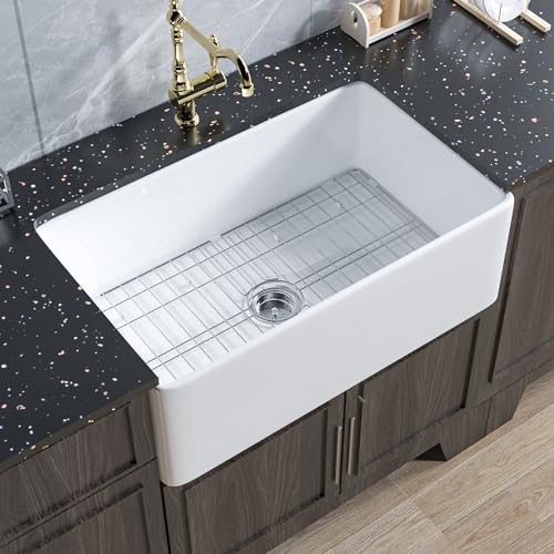 Miuara Farmhouse Sink 30 Inch - Fireclay Farm Sink 30"x18"x10", White Apron Sink, Farmer Barn Sink Reversible,Large Undermount Kitchen Sink Single Bowl with Accessories, for Kitchen