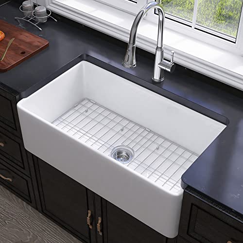 Miuara Farmhouse Sink 33 Inch - Apron Front Farmhouse Sink White 33"x18"x10", Fireclay Farm Sink, Farmer Barn Sink, White Undermount Kitchen Sink Single Bowl with Accessories, for Kitchen