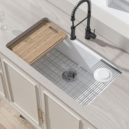 Miuara White Workstation Kitchen Sink 33 Inch - White Undermount Kitchen Sink 33"x19"x10", Large Kitchen Sink Drop In, Single Bowl Topmount Fireclay Sink for Kitchen,with 4 Custom Accessories