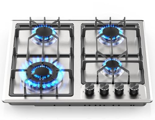 Noxton Gas Cooktop 24 Inch, 4 Burners Gas Stove Top, LPG/NG Dual Fuel Built-in Gas Hob, Flame Out Protection Prevent Gas Leakage, Stainless Steel Propane Cooktop for RVs, Apartments, Outdoor