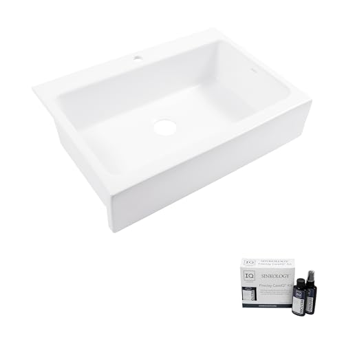 Parker Fireclay Quick-Fit Drop-In Farmhouse Kitchen Sink and Care Kit, 34" Crisp White Single Bowl with 1 Hole