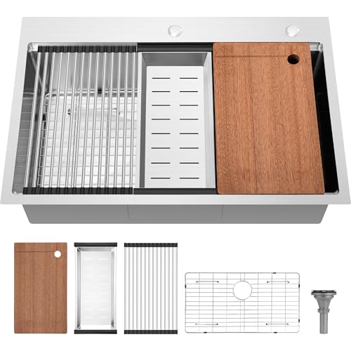 Rengue 32''x18'' Waterfall Kitchen Sink, Drop In Kitchen Sink Single Bowl, Gray 304 Stainless Steel Kitchen Sink Workstation with Pull-Out Faucet and Multiple Accessories Gray (31.49x17.71x9.05 inch)