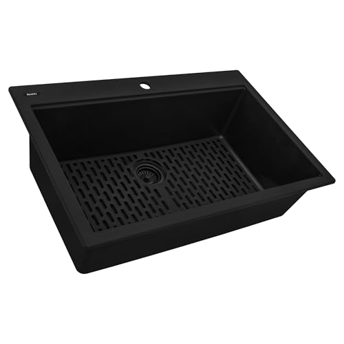 Ruvati 33 x 22 inch Topmount Granite Composite Single Bowl Kitchen Sink - Midnight Black -Scratch-Resistant, Heat-Resistant, Premium Black Kitchen Sink, Luxury Drop-in Kitchen Sink - RVG1080BK