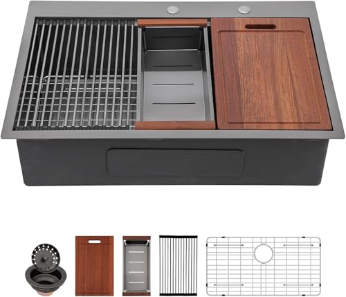 Sarlai 33 Inch Black Drop In Kitchen Sink Workstation - 33x19 Drop In Kitchen Sink Black Stainless Steel Topmount Workstation Sink 16 Gauge Deep Single Bowl Top-mount Kitchen Sink