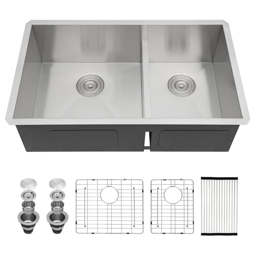 Sarlai 33 Undermount Sink Double Bowl - 33x19 Kitchen Sink Low Divide Undermount Stainless Steel 16 Gauge Round Corner Double Bowl 60/40 Sink Basin