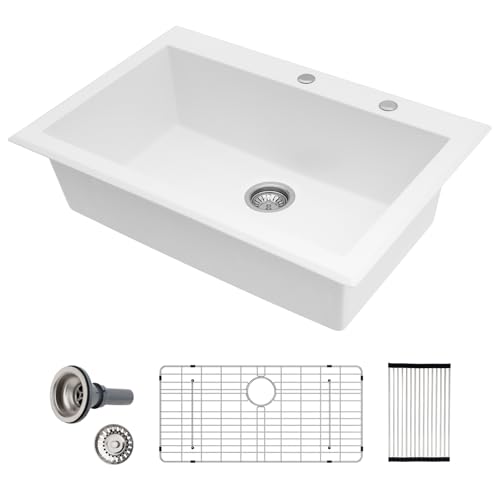 Sarlai 33 White Kitchen Sink Granite Composite - 33 x 22 inch Kitchen Sink Drop In Topmount White Granite Composite Single Bowl Above Counter Quartz Stone Kitchen Sink Basin