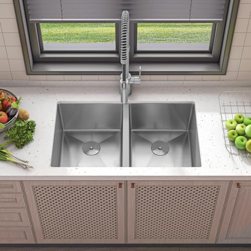 Sinber HU3219D 32" x 19" x 10" Undermount Double Bowl Kitchen Sink with 18 Gauge 304 Stainless Steel Satin Finish (Sink Only)