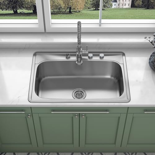 Sinber MT3322C 33" x 22" x 9" Drop In Single Bowl Kitchen Sink with 18 Gauge 304 Stainless Steel Satin Finish (Sink Only)