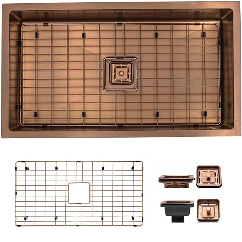 Strictly Sinks 32 Inch Undermount Single Bowl Kitchen Sink – Copper Kitchen Sink Designer Shelf Accessory 16 Gauge Stainless Steel – With Bottom Grid, 1 Strainer Square Drain & 1 Disposal Adapter