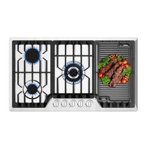 TOPWISH 36" Built-in Gas Cooktop with Griddle,5 Italy SABAF Sealed Burners Gas Stove TOP, 41,800BTU, NG/LPG Convertible, Stainless Steel Propane Cooktop with Thermocouple Protection