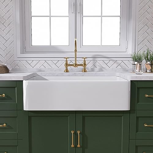 TUKTUK White Farmhouse Sink 30 Inch Farm Sink Fireclay Apron Front Single Bowl Kitchen Sinks Deep Drop In Undermount Kitchen Sink Luxury Modern Style Accessory Kit Included