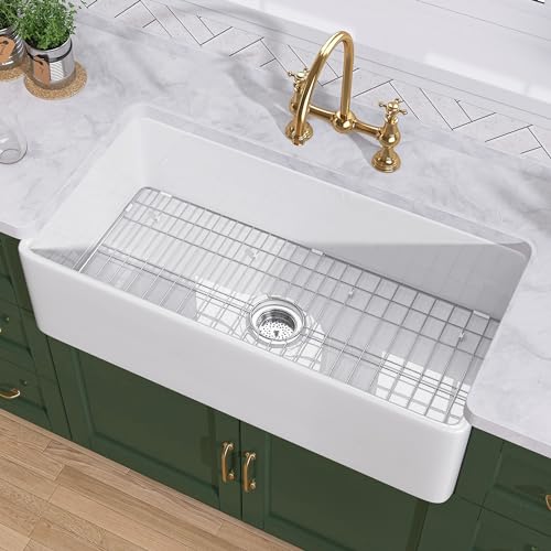 TUKTUK White Farmhouse Sink 33 inch Fireclay Apron Front Single Bowl Kitchen Sink Deep Drop In Farm Sink Undermount with Modern Style Luxury Accessory Kit