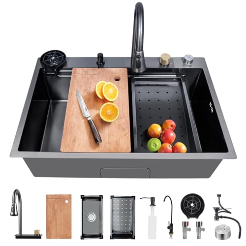 Waterfall Kitchen Sink,33x22 Drop-in Kitchen Sink,Single Bowl Stainless Steel Kitchen Sink,Modern kitchen sink,Workstation kitchen sink With Multifunction Pull-out Faucet and Various Accessories