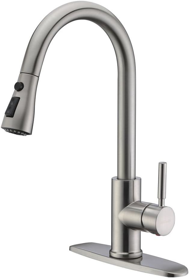 WEWE Single Handle High Arc Brushed Nickel Pull Out Kitchen Faucet,Single Level Stainless Steel Kitchen Sink Faucets with Pull Down Sprayer