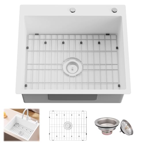 White Kitchen Sink, 25x22 Inch Stainless Steel Kitchen Sink Single Bowl Topmount Kitchen Sink With Sink Grid And Drain Assembly Clean&Bright White Bar Sink Enhance Aesthetic Appeal Of Modern Kitchen