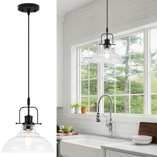 WILON Farmhouse Pendant Lights Kitchen Island Lighting, Black Pendant Light Over The Sink, Vintage Clear Glass Pendant Light, Industrial Hanging Light Fixture for Dining Room Over Table Bar Foyer