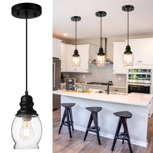 WILON Mini Pendant Lights for Kitchen Island, Seeded Glass Pendant Light Kitchen Island Light Fixtures Farmhouse Pendant Lighting Metal Black Pendant Light Over Kitchen Island Sink Dining Table