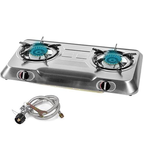 XtremepowerUS 30,000BTU Double Burner Stove Auto Ignition Cooktop Outdoor LPG Propane Camping 2 Stove Burner Portable Stove Burner, Stainless Steel