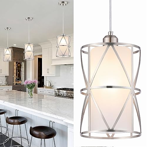 Zlierop Modern Pendant Light with Frosted Glass, Brushed Nickel Hanging Kitchen Lights, Cylindrical Pendant Lights Kitchen Island, Kitchen Pendant Lighting Over Island, Foyer, Dining Room, Entryway